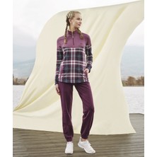 Doreanse Kadın Bordo Fermuar Yakalı Kareli Uzun Kol T-Shirt Ev Giyim-Pijama Takımı 4143