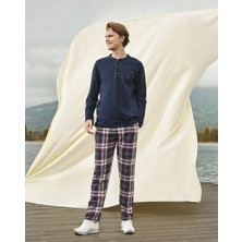 Doreanse Erkek Lacivert Kareli Düğme Yakalı Uzun Kol T-Shirt Pijama Takımı 4703