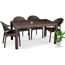 Bahex Bambu Pro 4'lü 90 x 150 cm Rattan Bahçe Balkon Masa Takımı 4 Kişilik Camsız Set Kahve