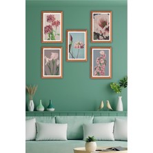 Hyl 5 Parça Ahşap Çerçeve Görünümlü Çiçek Desenli Uv Baskı Mdf Tablo Seti