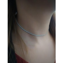 Gümüş Kısa Choker Su Yolu Taşlı Kolye KO9E67