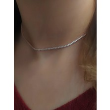Gümüş Kısa Choker Rose Su Yolu Taşlı Kolye KO9E67