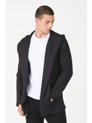 The Rule Erkek Siyah Regular Fit Kapüşonlu Uzun Hırka RF0002