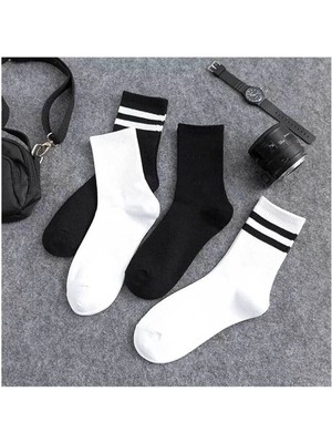 Meguca Socks Unisex Siyah Beyaz Çizgili ve Düz Spor Kolej Çorap Seti 4 Çift