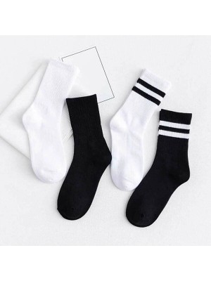 Meguca Socks Unisex Siyah Beyaz Çizgili ve Düz Spor Kolej Çorap Seti 4 Çift