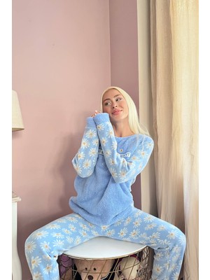 Pijama Evi Mavi Most Thing Desenli Kadın Peluş Pijama Takımı
