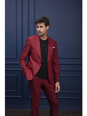 Baggi Slim Fit  Düz Yelekli Takım Elbise Bordo