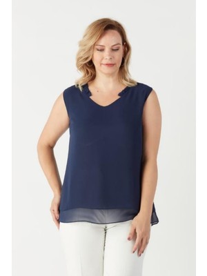 Moda Berray 3241 Yaka Fırfırlı Kolsuz Büyük Beden Şık Bluz Lacivert