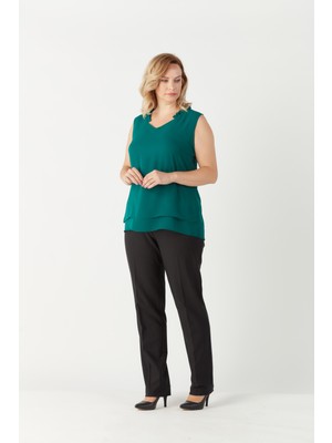 Moda Berray 3241 Yaka Fırfırlı Kolsuz Büyük Beden Şık Bluz Petrol