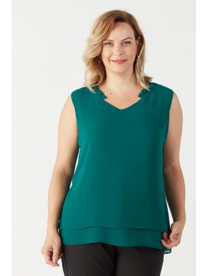 Moda Berray 3241 Yaka Fırfırlı Kolsuz Büyük Beden Şık Bluz Petrol