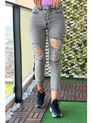 The Bark Lazer Kesim Mom Jean Kadın Pantolon 1037-162 Gri