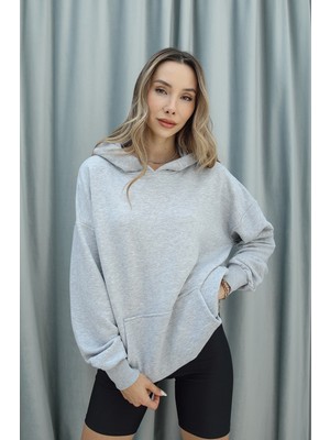 Gri Kanguru Cepli Kapüşonlu Sweatshirt