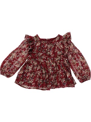 Panço Kız Bebek Robası Volanlı Arkası Düğmeli Desenli Bluz