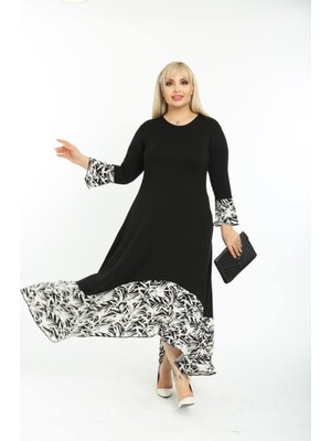Sym Kadın Siyah Battal Beden Yaprak Desen Detaylı Viskon Maxi Elbise