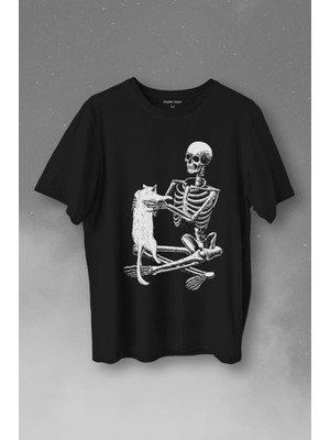 Kendim Seçtim Iskelet Ölünceye Kadar Kedi Seveceğim Skeleton Cat Love Baskılı Tişört  T-Shirt