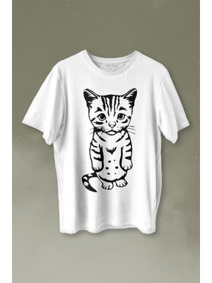 Kendim Seçtim Sevimli Minik Patili Bıyıklı Cat Minnoş Mahçup Üzgün Kedi Baskılı Tişört  T-Shirt Beyaz