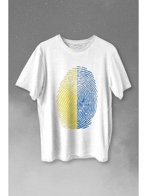 Kendim Seçtim Fenerbahçe Sarı Lacivert Parmak Izi Baskılı Tişört  T-Shirt Beyaz