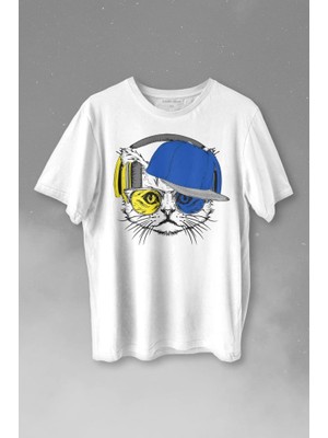Kendim Seçtim Cat Glasses Gözlüklü Sarı Lacivert Fenerbahçe Kedi Baskılı Tişört  T-Shirt Beyaz
