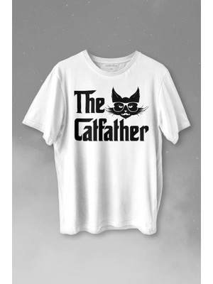 Kendim Seçtim The Godfather Cat Father Catfather Baba Kedi Baskılı Tişört  T-Shirt Beyaz