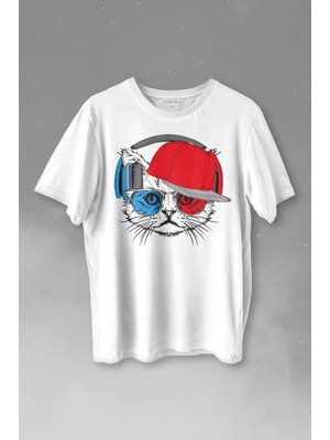 Kendim Seçtim Cat Glasses Gözlüklü Bordo Mavi Spor Trabzon Kedi Baskılı Tişört  T-Shirt Beyaz