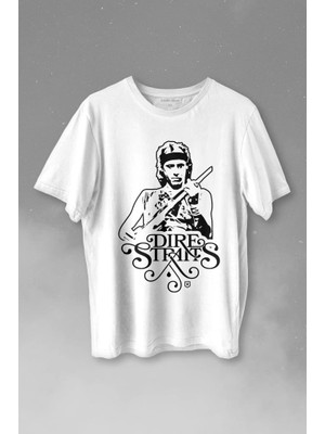 Kendim Seçtim Dire Straits David Mark Knopfler Rock Music Guitar Baskılı Tişört  T-Shirt Beyaz