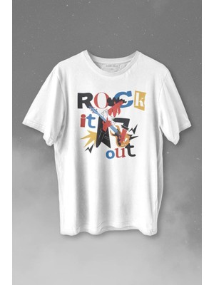 Kendim Seçtim Rockstar Rock It Out Guitar Gitarist Baskılı Tişört  T-Shirt Beyaz