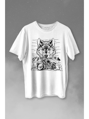 Kendim Seçtim Ride To Wild Wolf And Motorcycle Kurt ve Motor Outdoor Baskılı Tişört  T-Shirt Beyaz