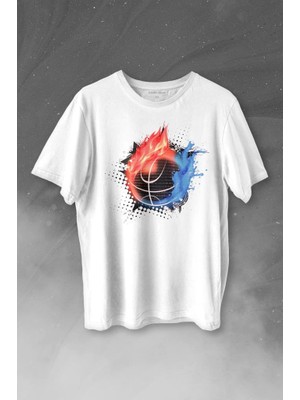 Kendim Seçtim Fire Meteor Basketball Ateş Topu Baskılı Tişört  T-Shirt Beyaz