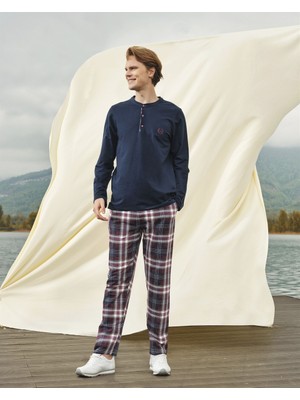 Doreanse Erkek Lacivert Kareli Düğme Yakalı Uzun Kol T-Shirt Pijama Takımı 4703