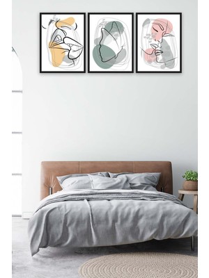 No 77 3 Parça Modern Lineart Tarzda Sanatsal Siyah Çerçeve Görünümlü Uv Baskı Mdf Tablo Seti