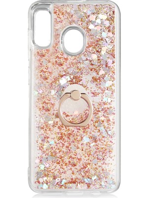 Kny Samsung Galaxy A20 Kılıf Sıvılı Kalplı Yüzüklü Manyetik Milce Kapak