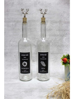 Dibi Çukur Şeffaf Cam Şişe Etiketli Gümüş Geyik Mantar Tıpalı 2'li 750 ml Yağdanlık
