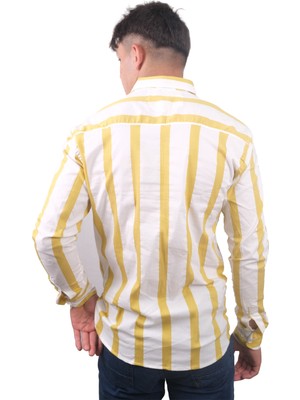 BOOSS MILANO Erkek V Yaka Çizgi Desenli Sarı Gömlek-4