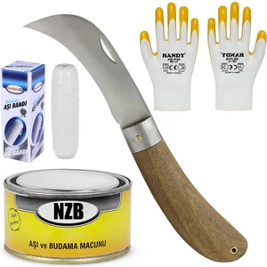 Aşı Bıçağı Eğri Uçlu Bağ Bıçağı Ara Çakı + Aşı Bandı + Aşı Macunu + Eldiven (4'lü Set)