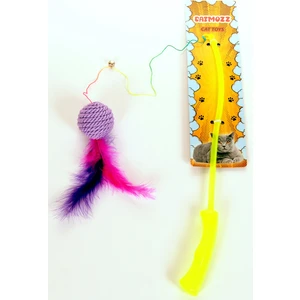 Özel Tüylü Zilli Tırmalama Toplu Plastik Saplı Kedi Oyuncağı Oltası 50 cm