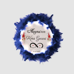 Işıklı, Isim Baskılı Kına Tefi, Gelin Tefi  (32 cm Büyük Boy Lacivert)