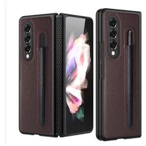 Galaxy Z Fold4 Deri Telefon Kılıfı - Koyu Kahverengi (Yurt Dışından)