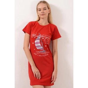 Kadın Kırmızı Baskılı Kısa Kollu Gecelik PMEL25534