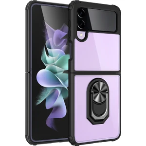 Kny Samsung Galaxy Z Flip 3 Kılıf Silikon Kenarlı Yüzüklü Standlı Manyetik Şeffaf Mola Kapak