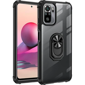 Kny Xiaomi Redmi Note 10 Kılıf Silikon Kenarlı Yüzüklü Manyetik Şeffaf Mola Kapak