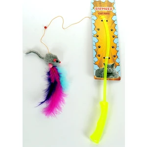 Özel Tüylü Zilli Fareli Plastik Saplı Kedi Oyuncağı Oltası 50 cm