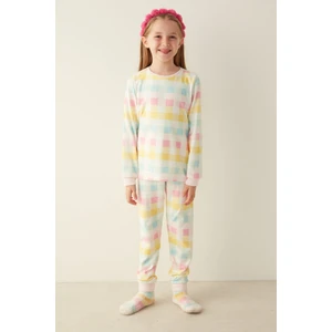 Renkli Kız Çocuk Kareli Termal Pijama Takımı