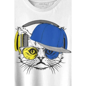 Kendim Seçtim Cat Glasses Gözlüklü Sarı Lacivert Fenerbahçe Kedi Baskılı Tişört  T-Shirt Beyaz