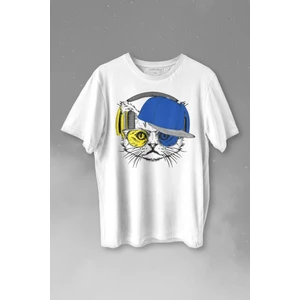 Kendim Seçtim Cat Glasses Gözlüklü Sarı Lacivert Fenerbahçe Kedi Baskılı Tişört  T-Shirt Beyaz