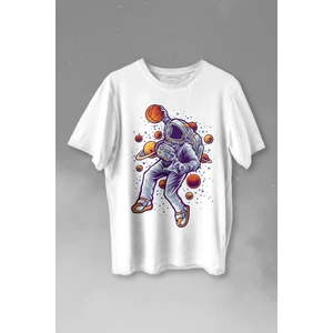 Kendim Seçtim Uzayda Satürn Gezegeni Yanında Basketbol Oynayan Astronot Baskılı Tişört  T-Shirt Beyaz