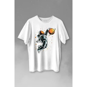 Kendim Seçtim Uzayda Satürn Gezegeni Yanında Basketbol Oynayan Astronot Basketball Baskılı Tişört  T-Shirt Beyaz