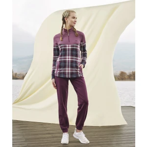 Kadın Bordo Fermuar Yakalı Kareli Uzun Kol T-Shirt Ev Giyim-Pijama Takımı 4143