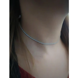 Gümüş Kısa Choker Su Yolu Taşlı Kolye KO9E67