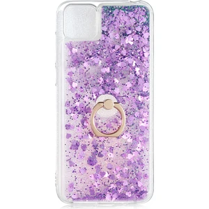 Kny Huawei Y5P Kılıf Simli Sıvılı Kalplı Yüzüklü Milce Kapak