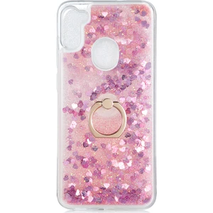 Kny Samsung Galaxy M11 Kılıf Simli Sıvılı Kalplı Yüzüklü Milce Kapak